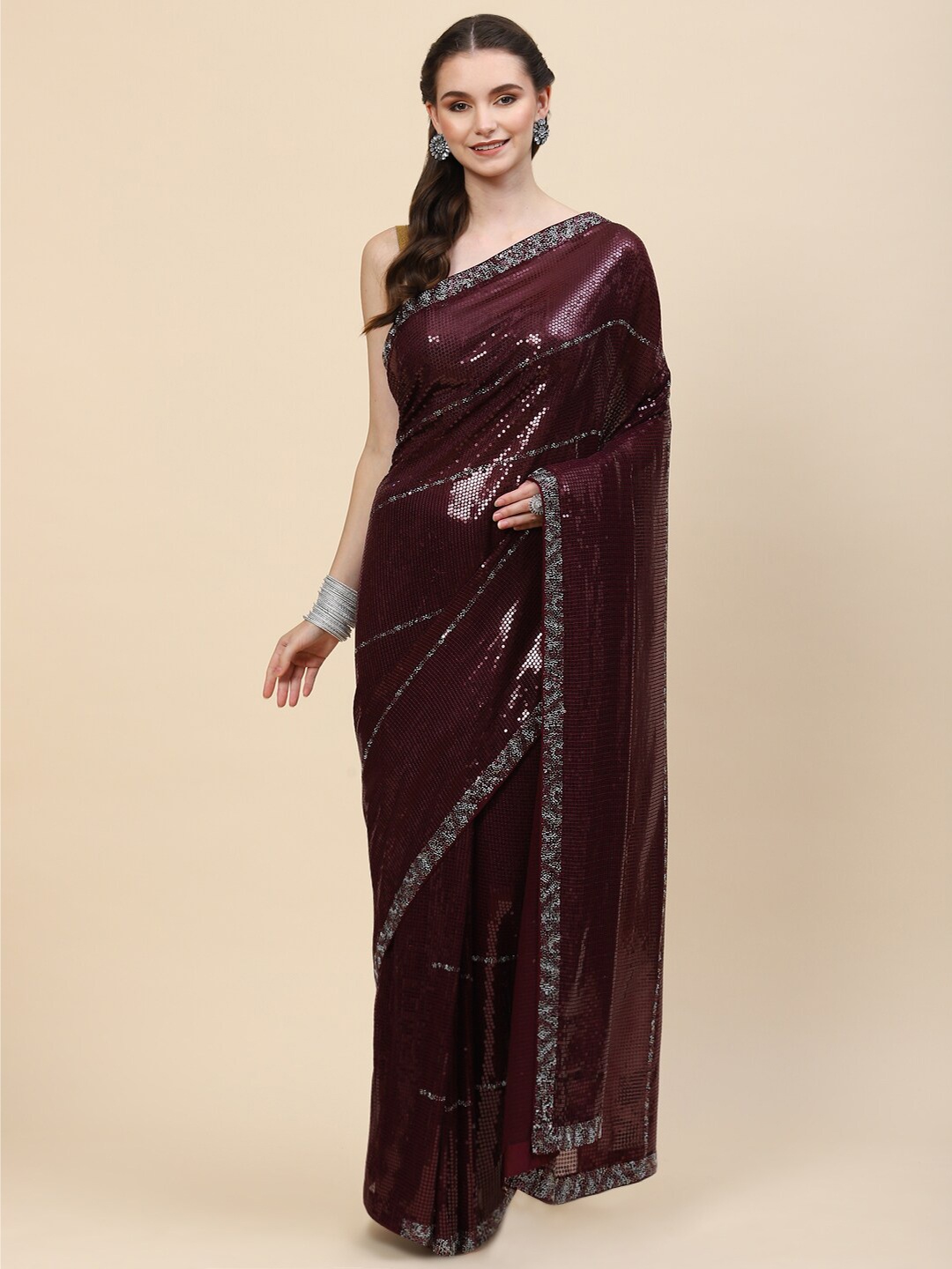 

Meena Bazaar Burgundy & Black Embellished Sequinned Georgette Saree
