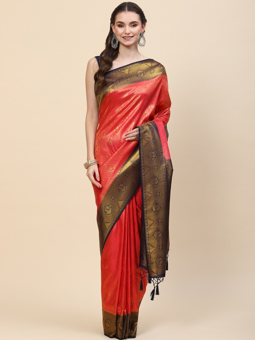 

Meena Bazaar Pink & Navy Blue Woven Design Zari Art Silk Saree