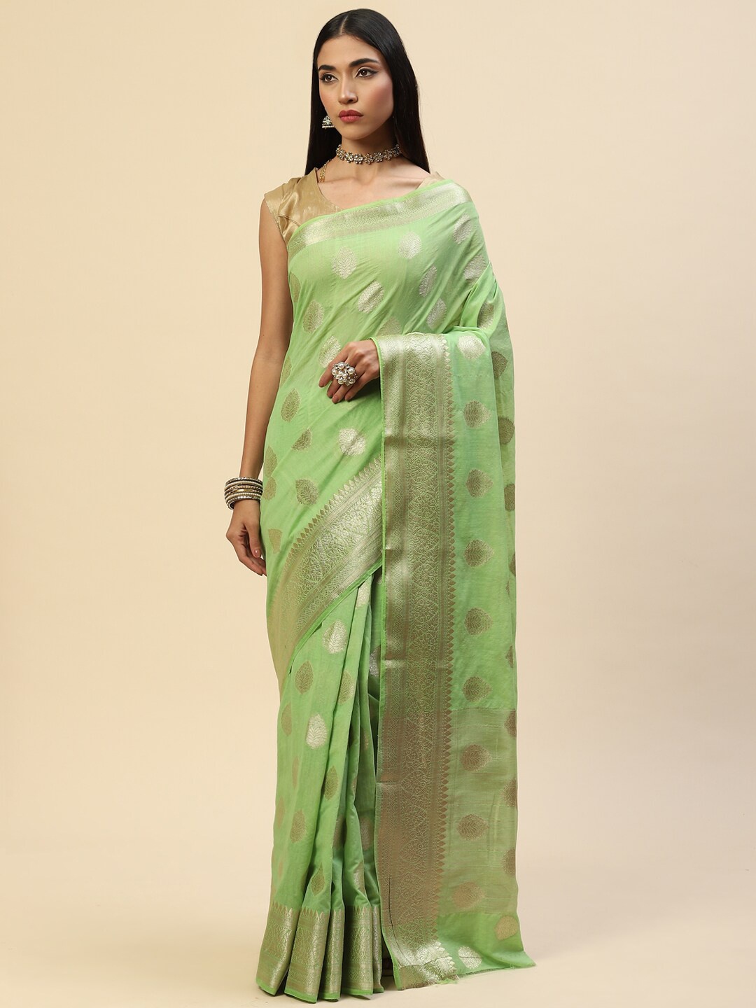 

Meena Bazaar Green & Gold-Toned Woven Design Zari Art Silk Saree