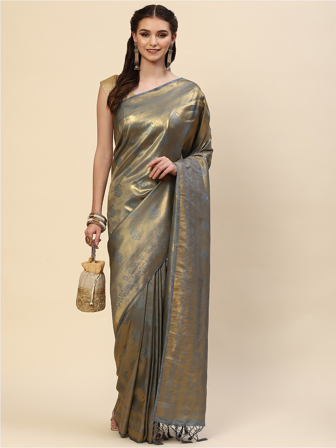 

Meena Bazaar Grey & Gold-Toned Ethnic Motifs Zari Saree