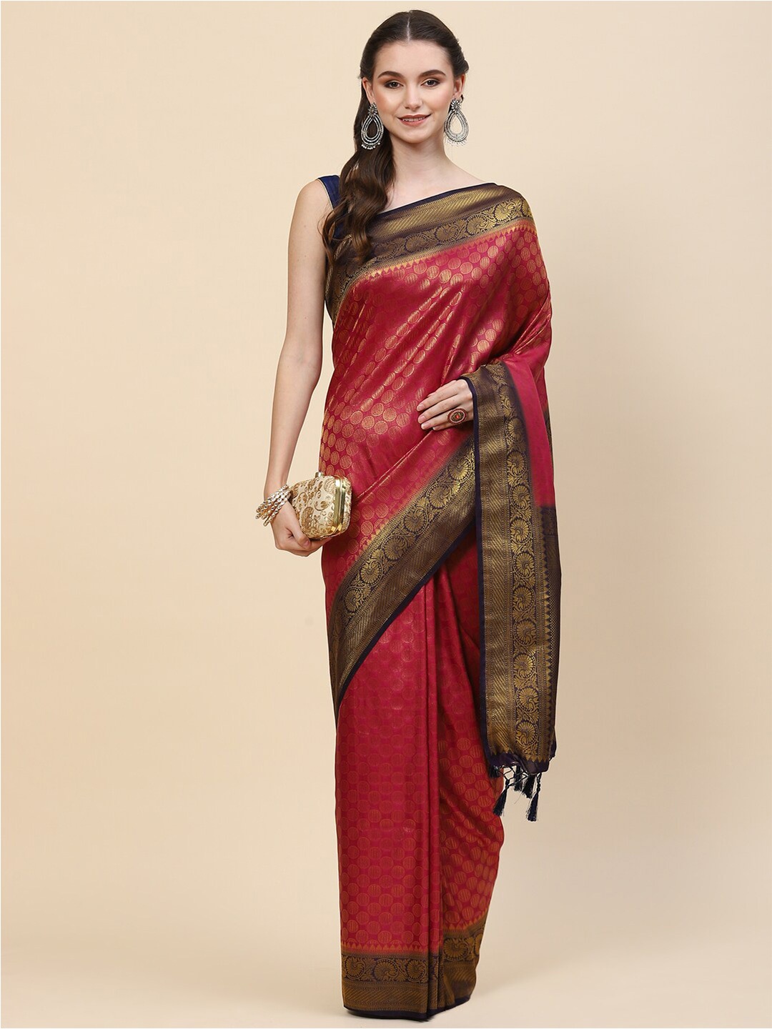 

Meena Bazaar Red & Navy Blue Ethnic Motifs Zari Art Silk Saree