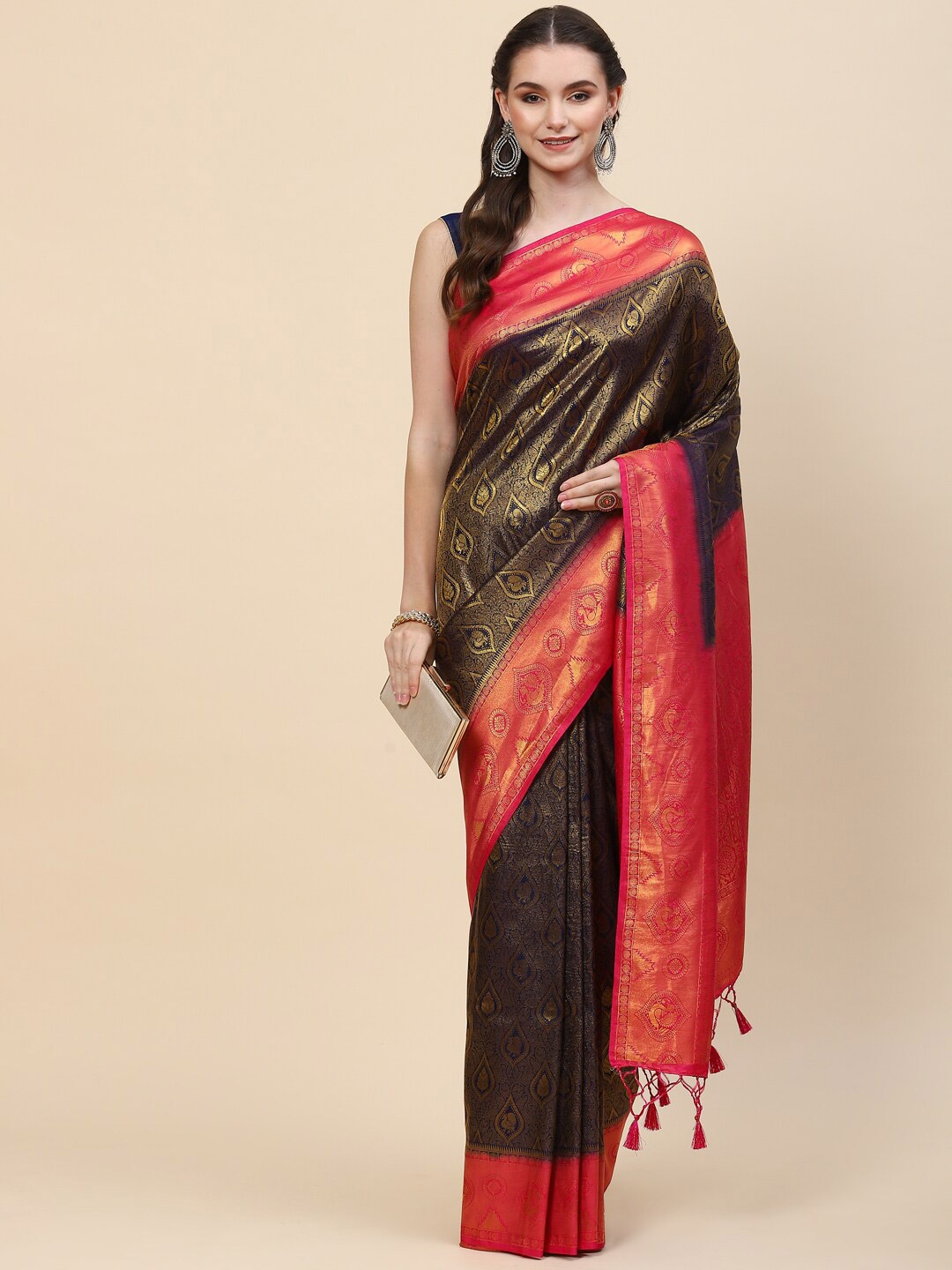 

Meena Bazaar Navy Blue & Orange Ethnic Motifs Zari Art Silk Saree