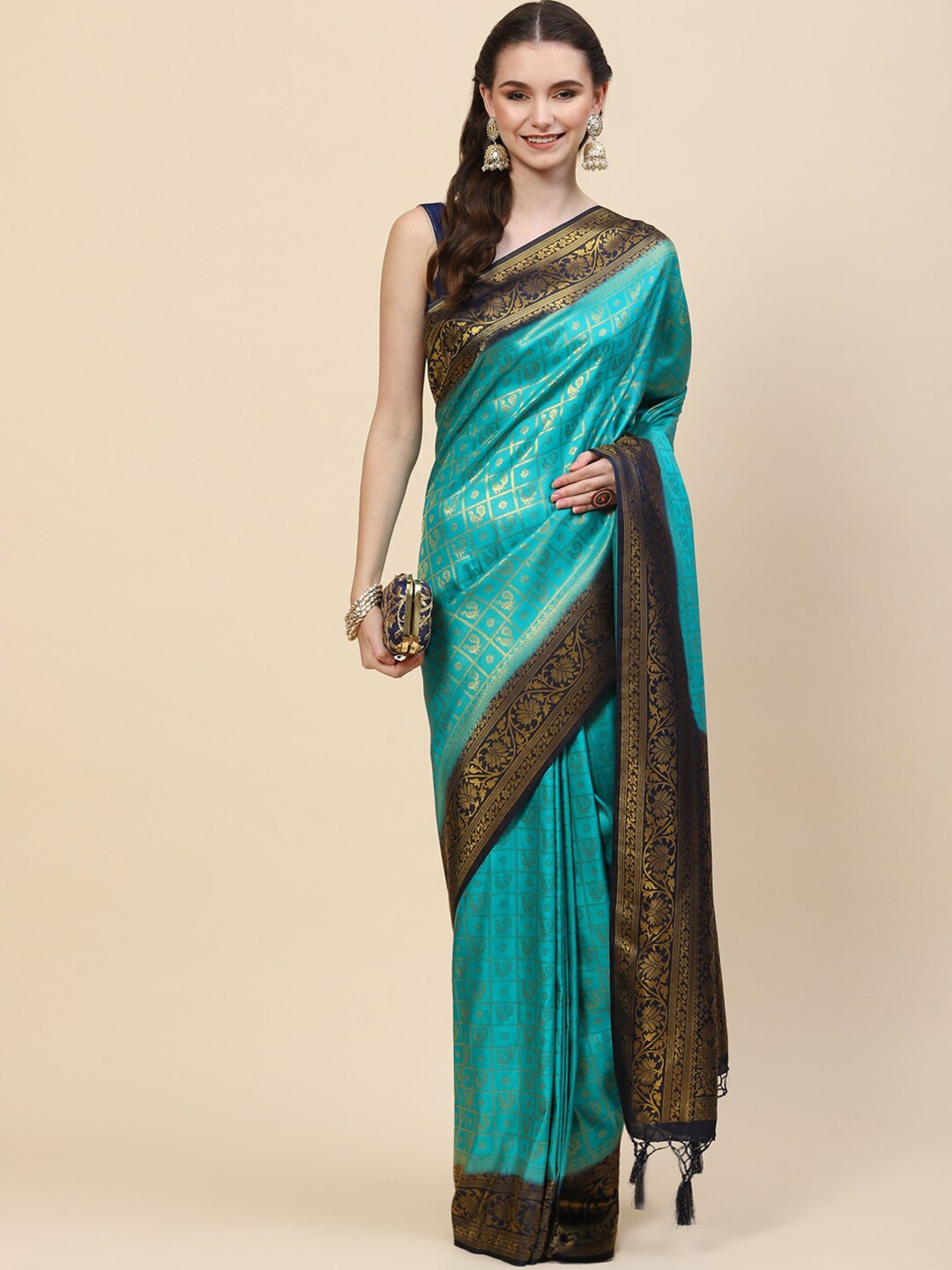 

Meena Bazaar Blue & Brown Ethnic Motifs Zari Saree
