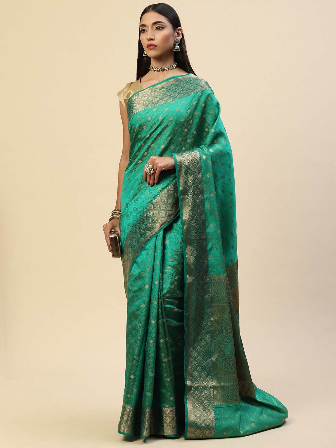 

Meena Bazaar Green & Gold-Toned Woven Design Zari Art Silk Saree