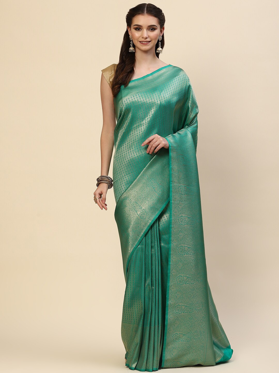 

Meena Bazaar Green & Gold-Toned Ethnic Motifs Zari Saree