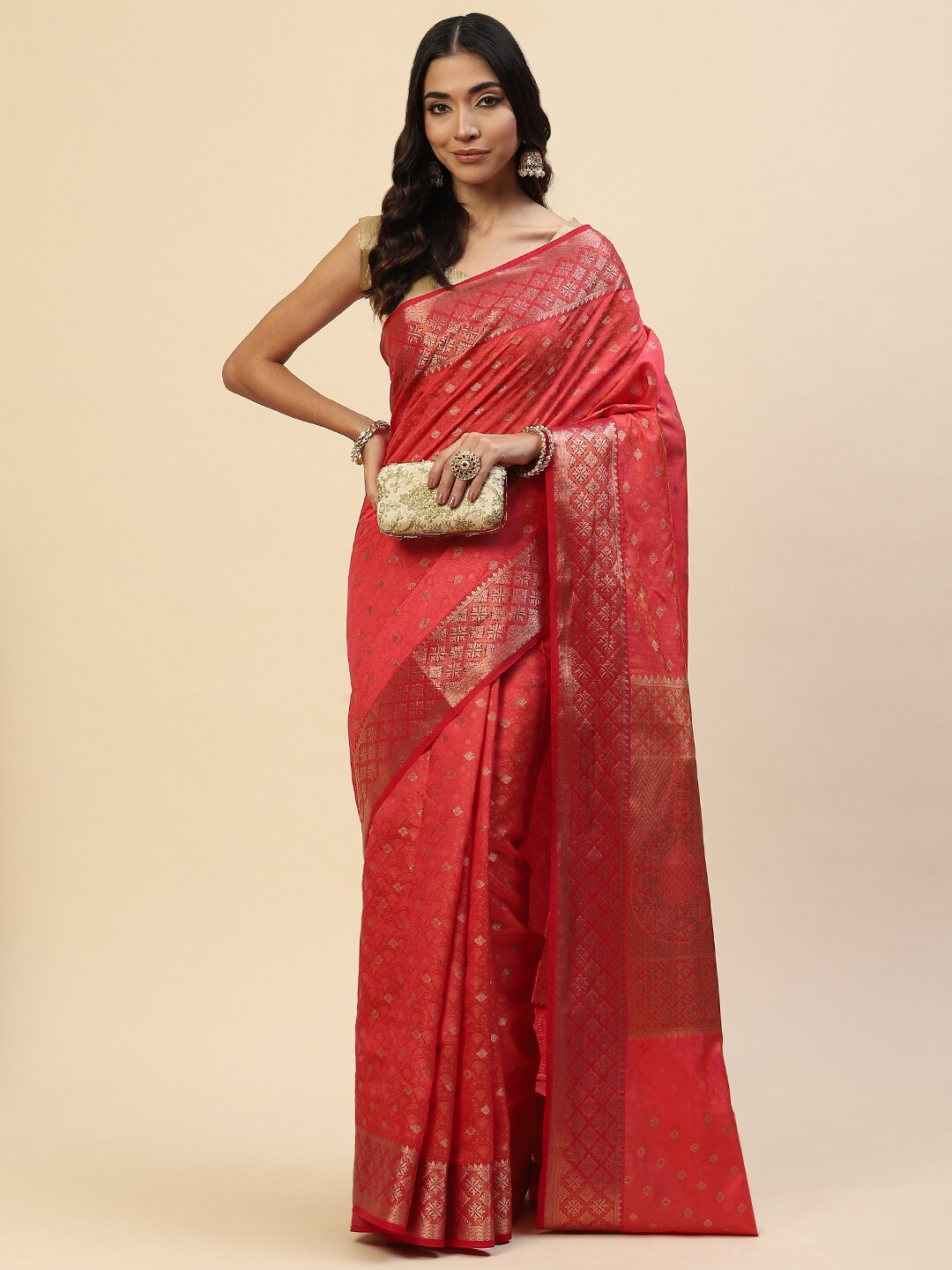 

Meena Bazaar Pink & Gold-Toned Zari Art Silk Saree