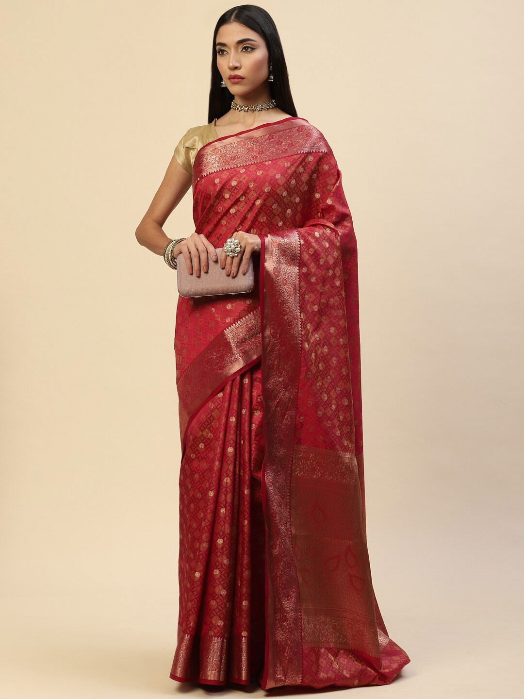 

Meena Bazaar Burgundy & Gold-Toned Ethnic Motifs Zari Art Silk Saree