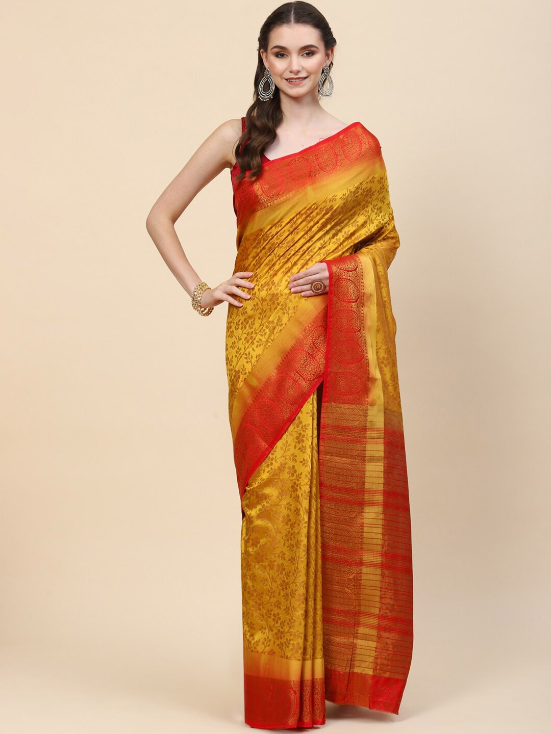 

Meena Bazaar Mustard & Red Floral Zari Woven Design Saree