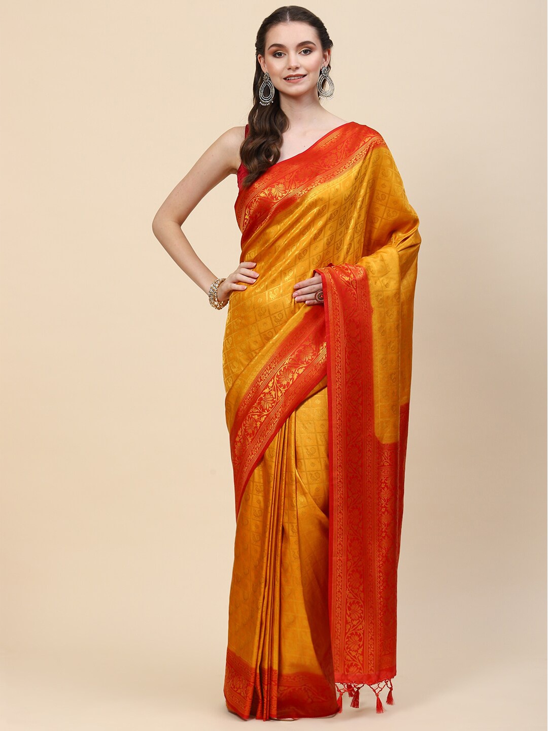 

Meena Bazaar Mustard & Orange Woven Design Zari Art Silk Saree