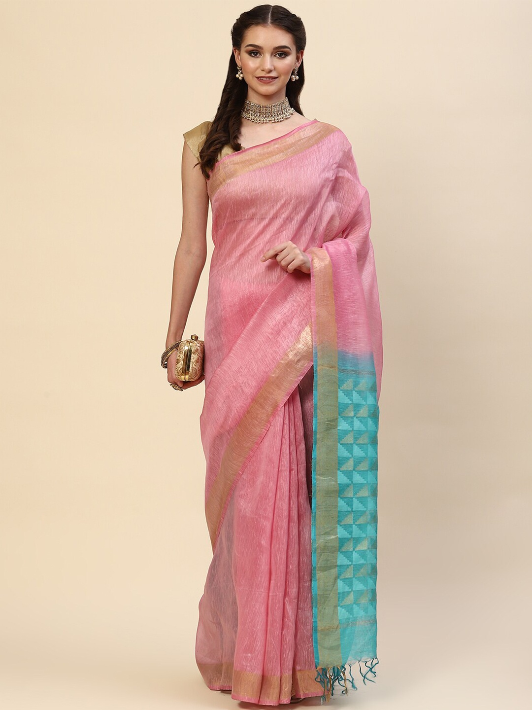 

Meena Bazaar Pink & Blue Linen Blend Saree