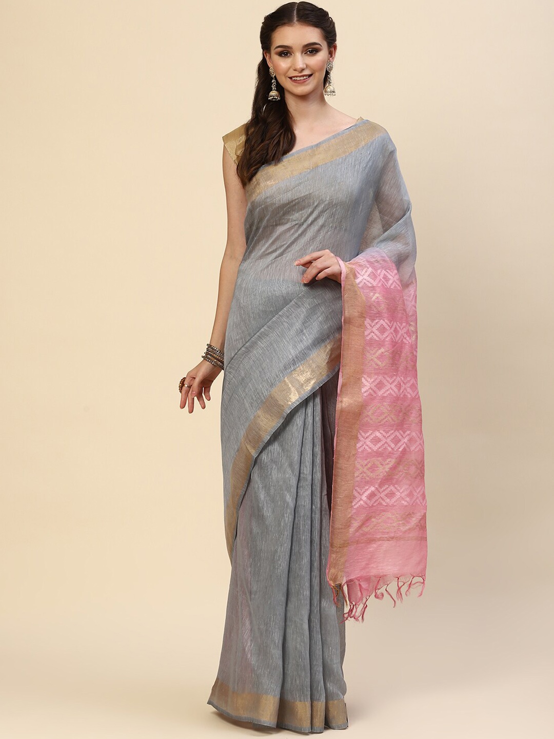 

Meena Bazaar Grey & Pink Zari Woven Design Saree