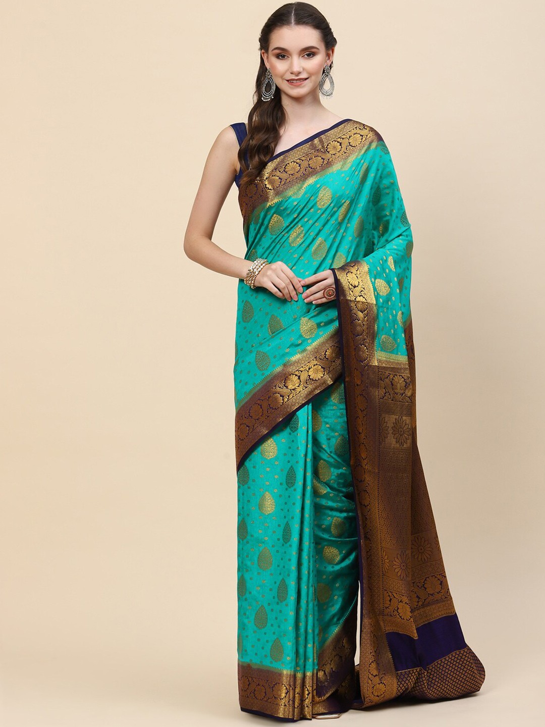 

Meena Bazaar Green & Navy Blue Woven Design Zari Art Silk Saree