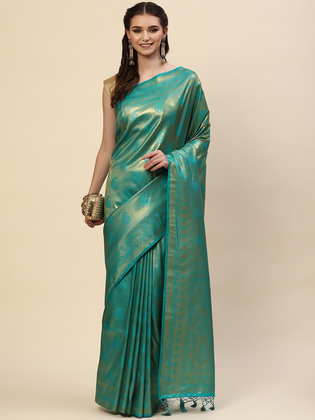 

Meena Bazaar Blue & Gold-Toned Ethnic Motifs Zari Saree