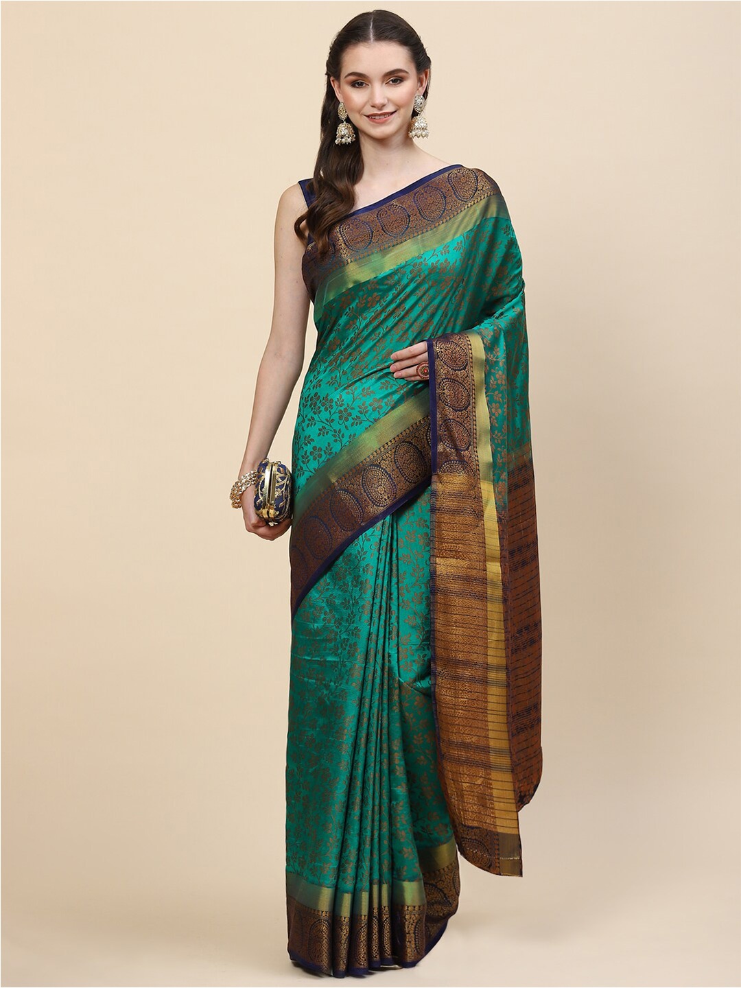 

Meena Bazaar Green & Gold-Toned Ethnic Motifs Zari Saree
