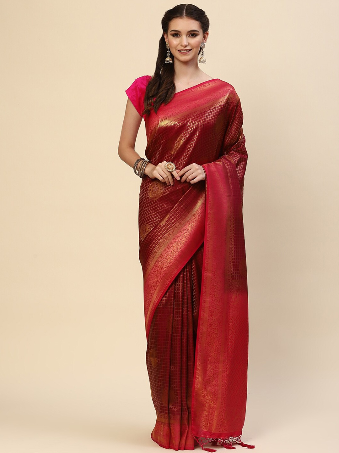 

Meena Bazaar Burgundy & Pink Woven Design Zari Art Silk Saree