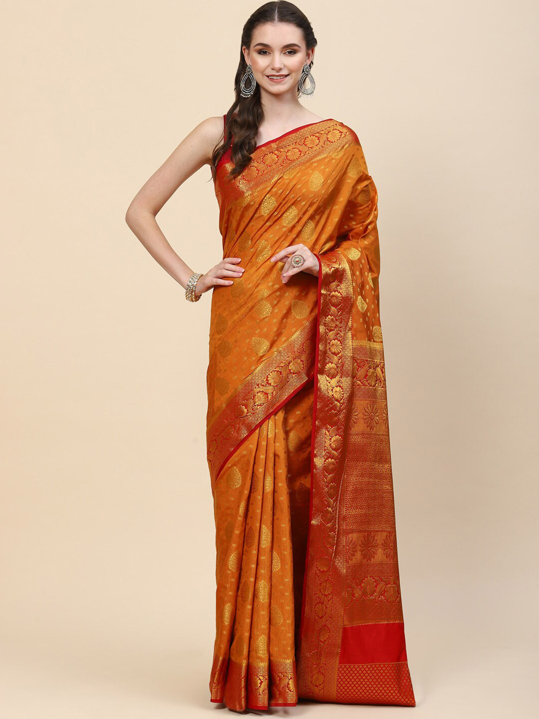 

Meena Bazaar Mustard & Red Woven Design Zari Art Silk Saree