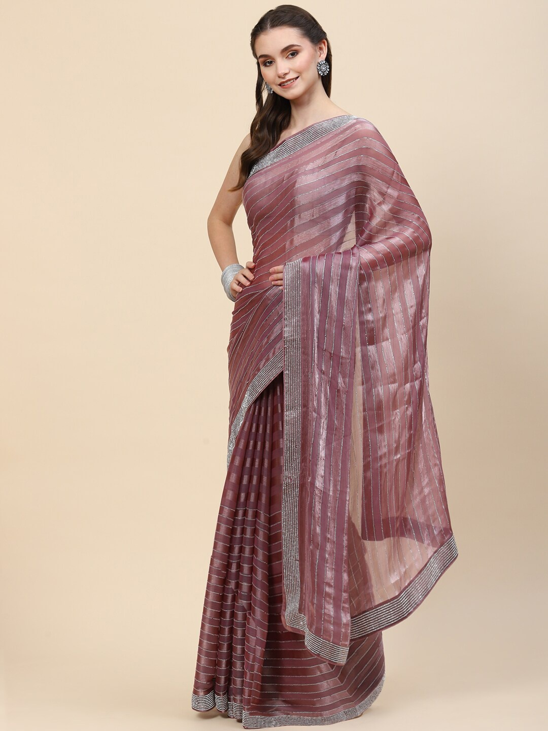 

Meena Bazaar Lavender Striped Organza Saree