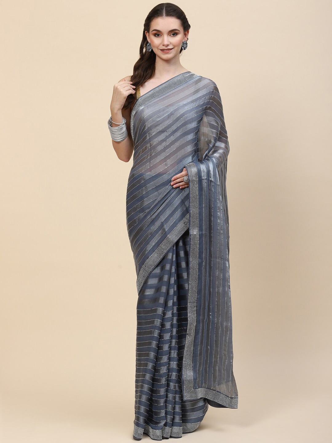 

Meena Bazaar Grey Striped Organza Saree