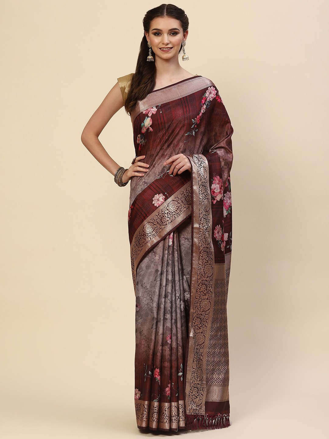 

Meena Bazaar Burgundy & Pink Floral Zari Art Silk Saree