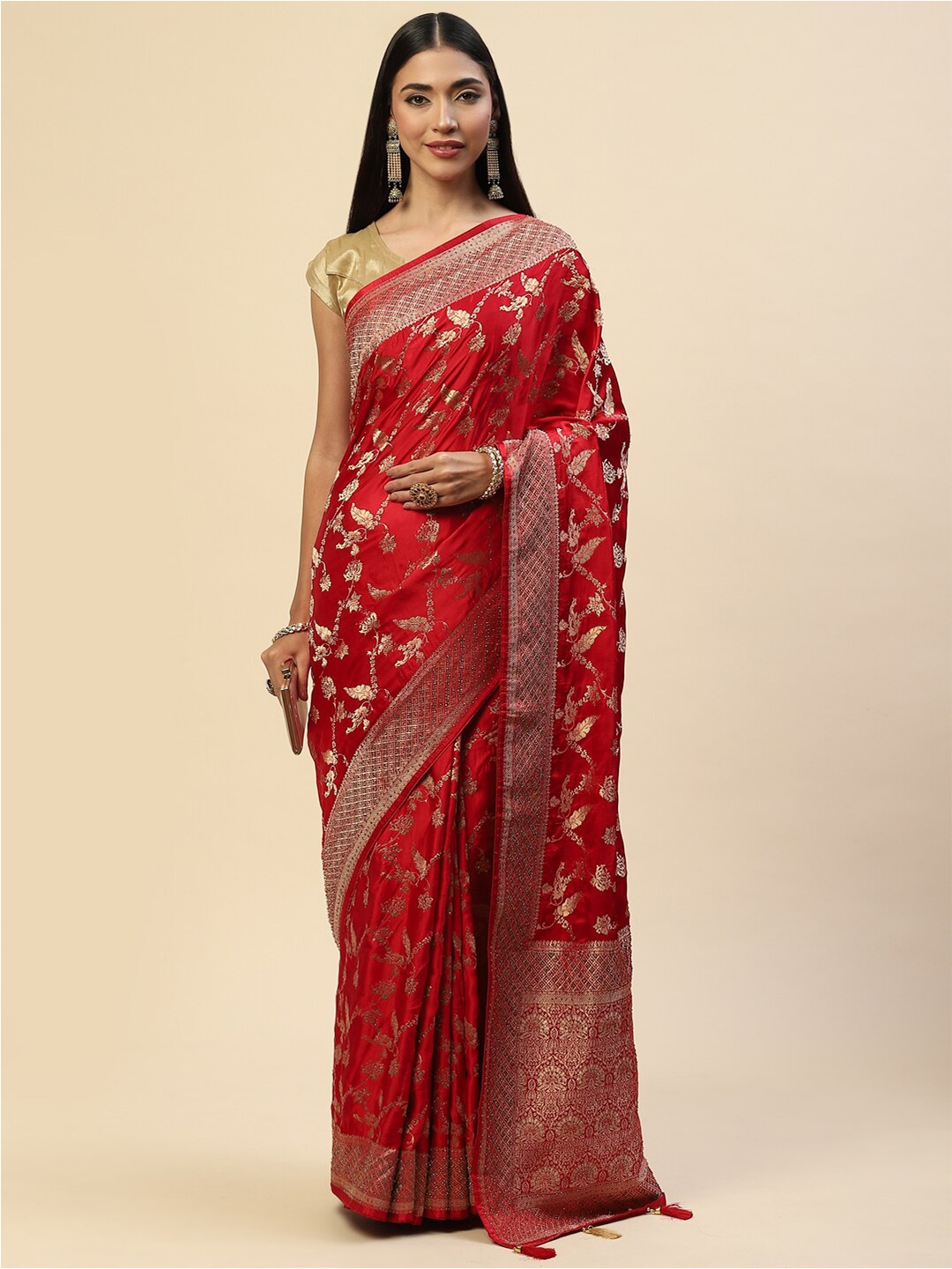 

Meena Bazaar Red & Gold-Toned Ethnic Motifs Zari Satin Saree