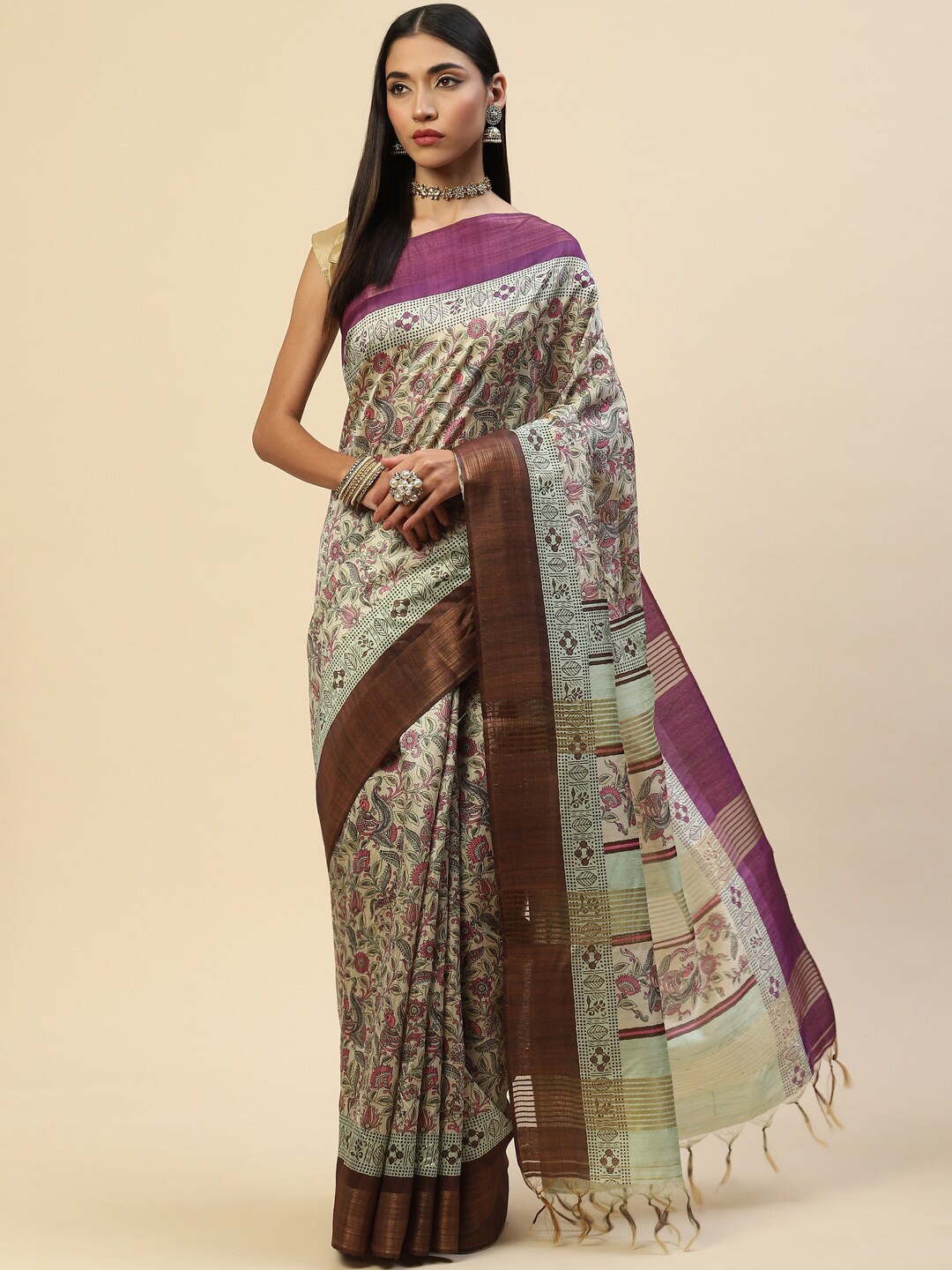 

Meena Bazaar Purple & Green Floral Zari Art Silk Tussar Saree