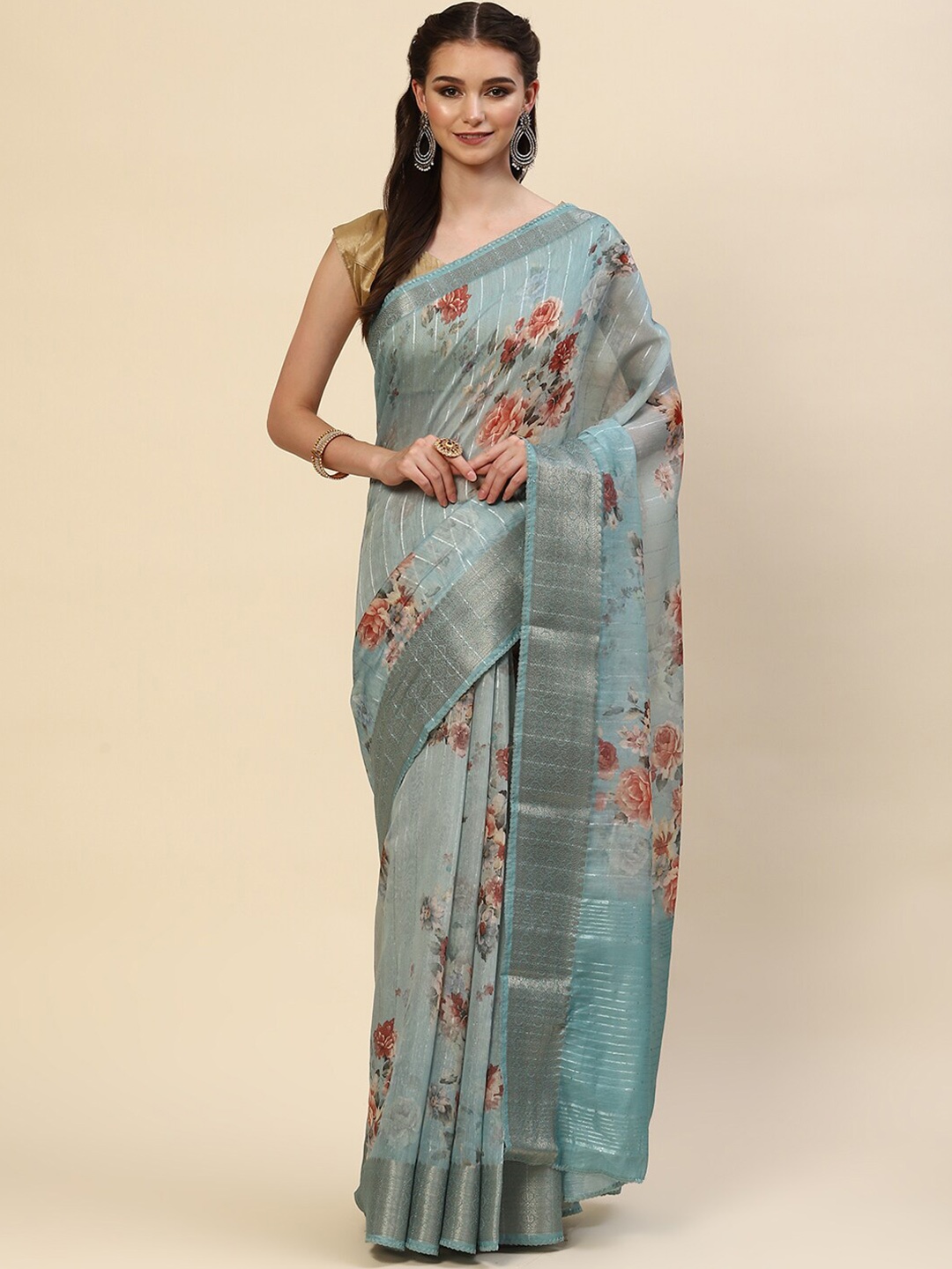 

Meena Bazaar Blue & Pink Floral Zari Saree