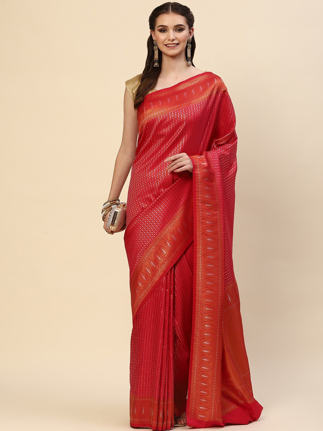 

Meena Bazaar Fuchsia & Gold-Toned Ethnic Motifs Zari Art Silk Saree