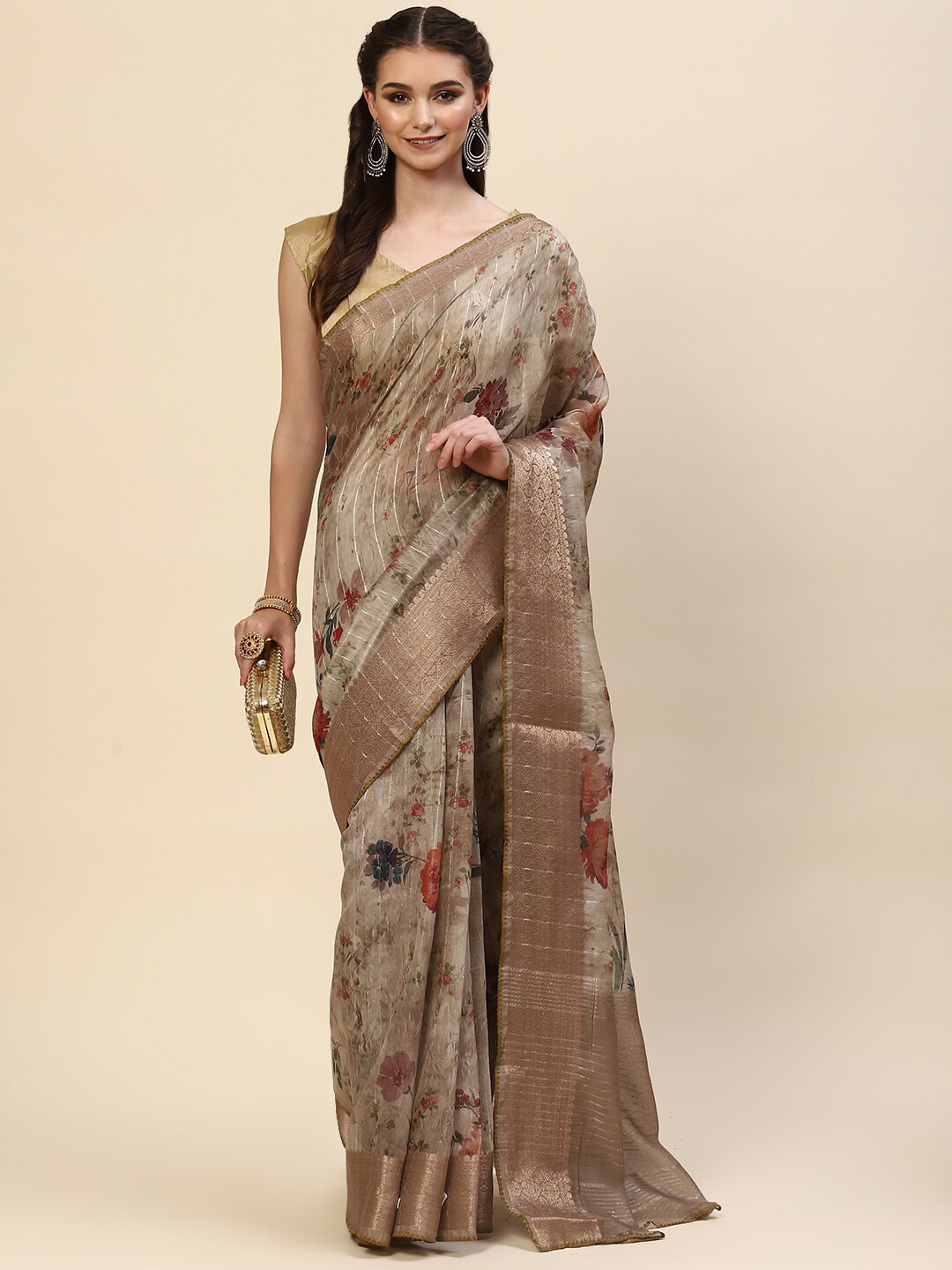 

Meena Bazaar Beige & Gold-Toned Floral Zari Printed Saree