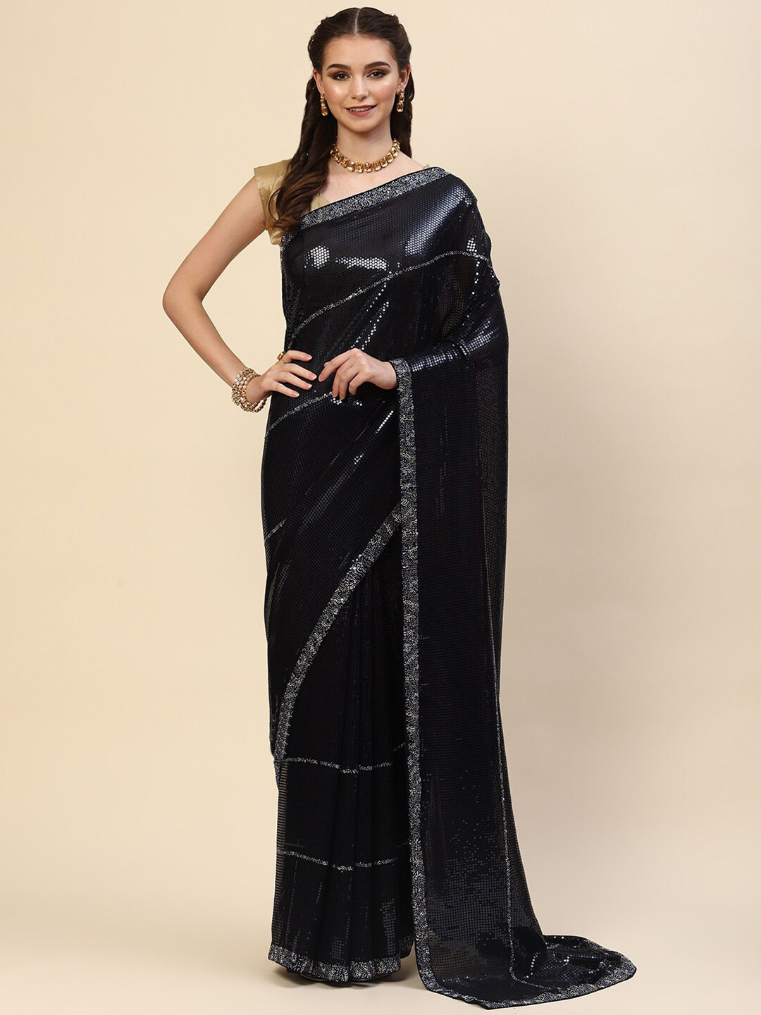 

Meena Bazaar Navy Blue Embellished Sequinned Saree