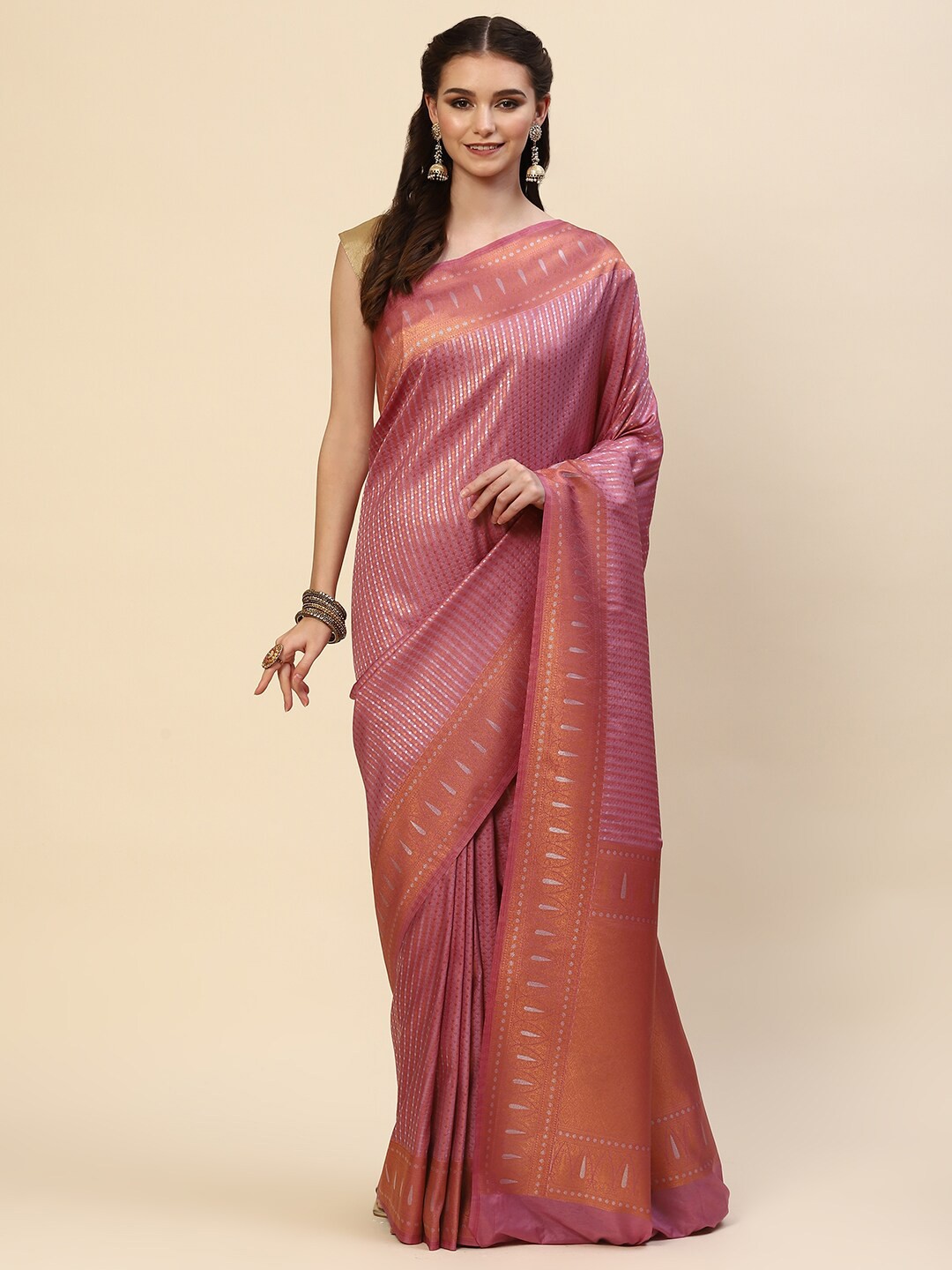 

Meena Bazaar Pink & Orange Woven Design Zari Art Silk Saree