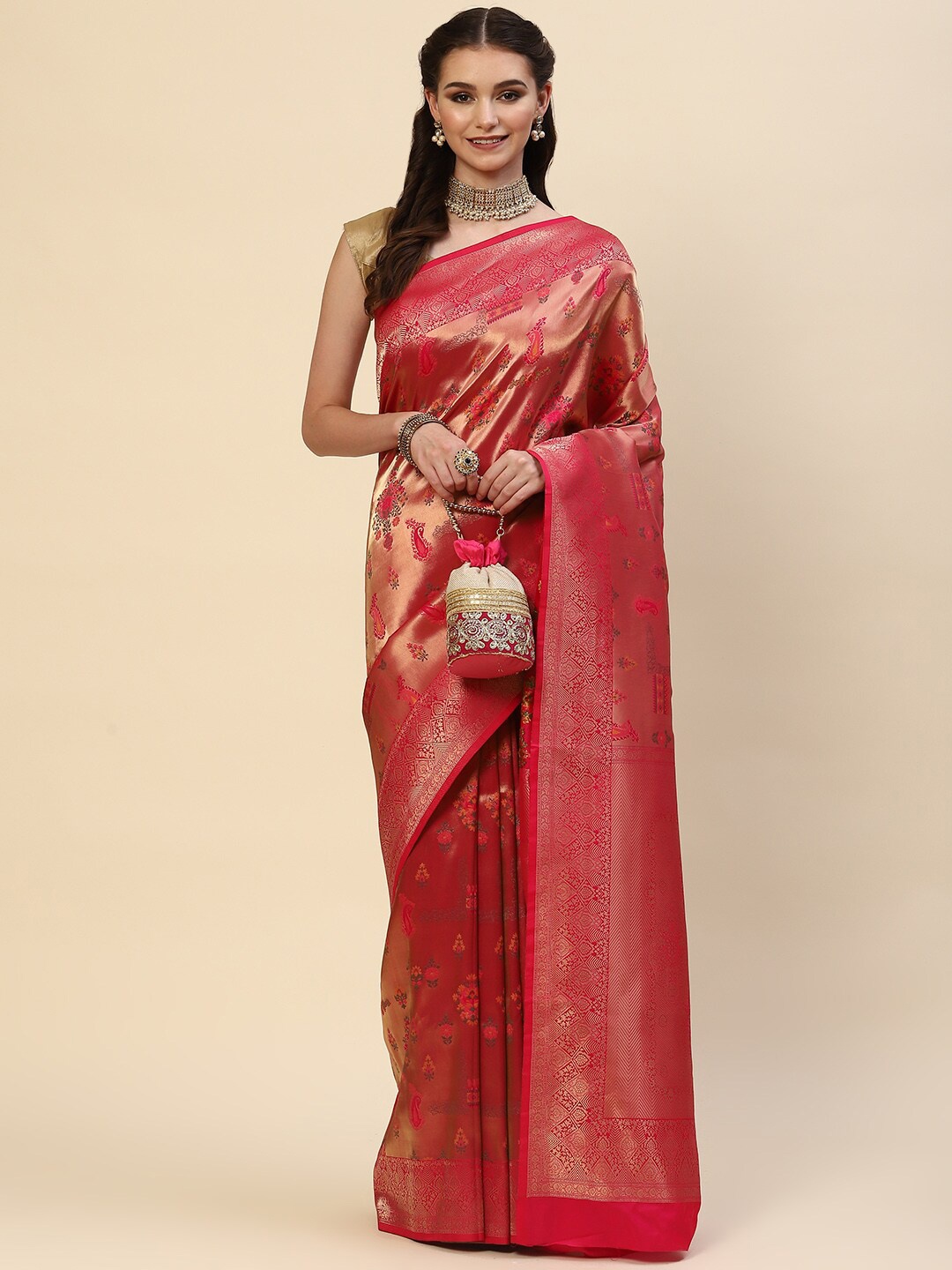 

Meena Bazaar Pink & Gold-Toned Woven Design Zari Art Silk Saree