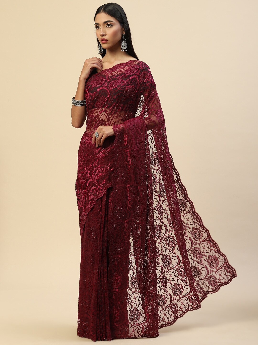 

Meena Bazaar Burgundy Floral Net Saree