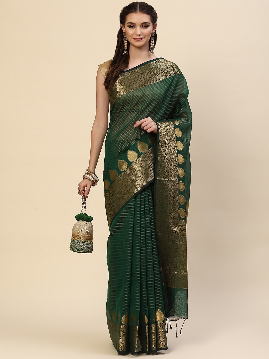 

Meena Bazaar Green & Gold-Toned Striped Zari Saree