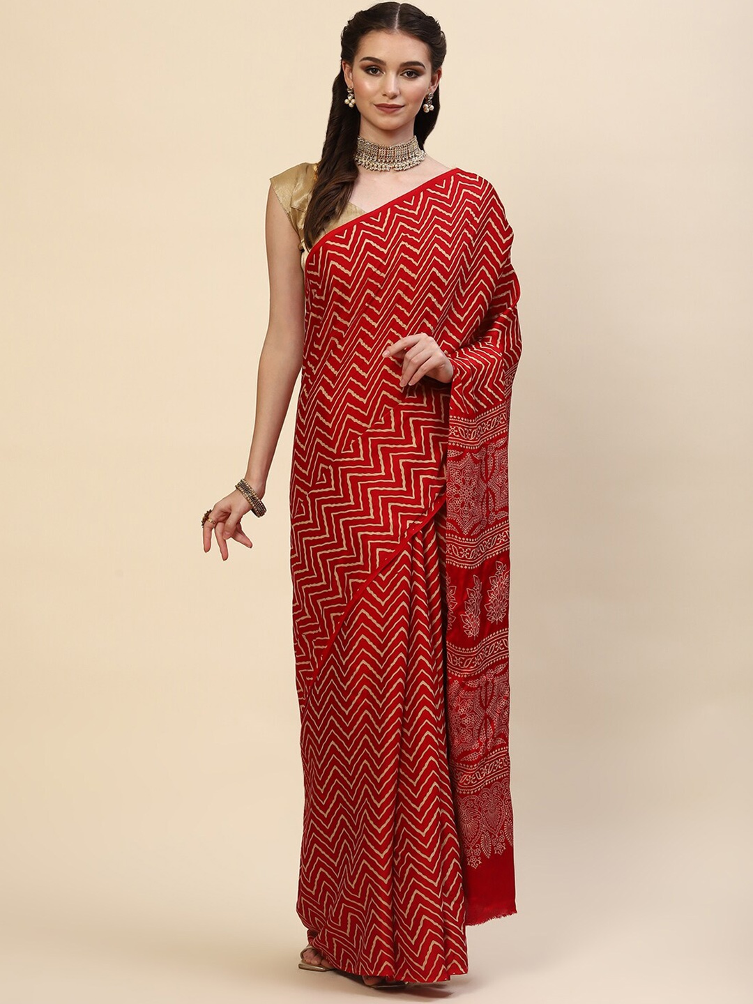 

Meena Bazaar Red & Off White Ethnic Motifs Satin Saree