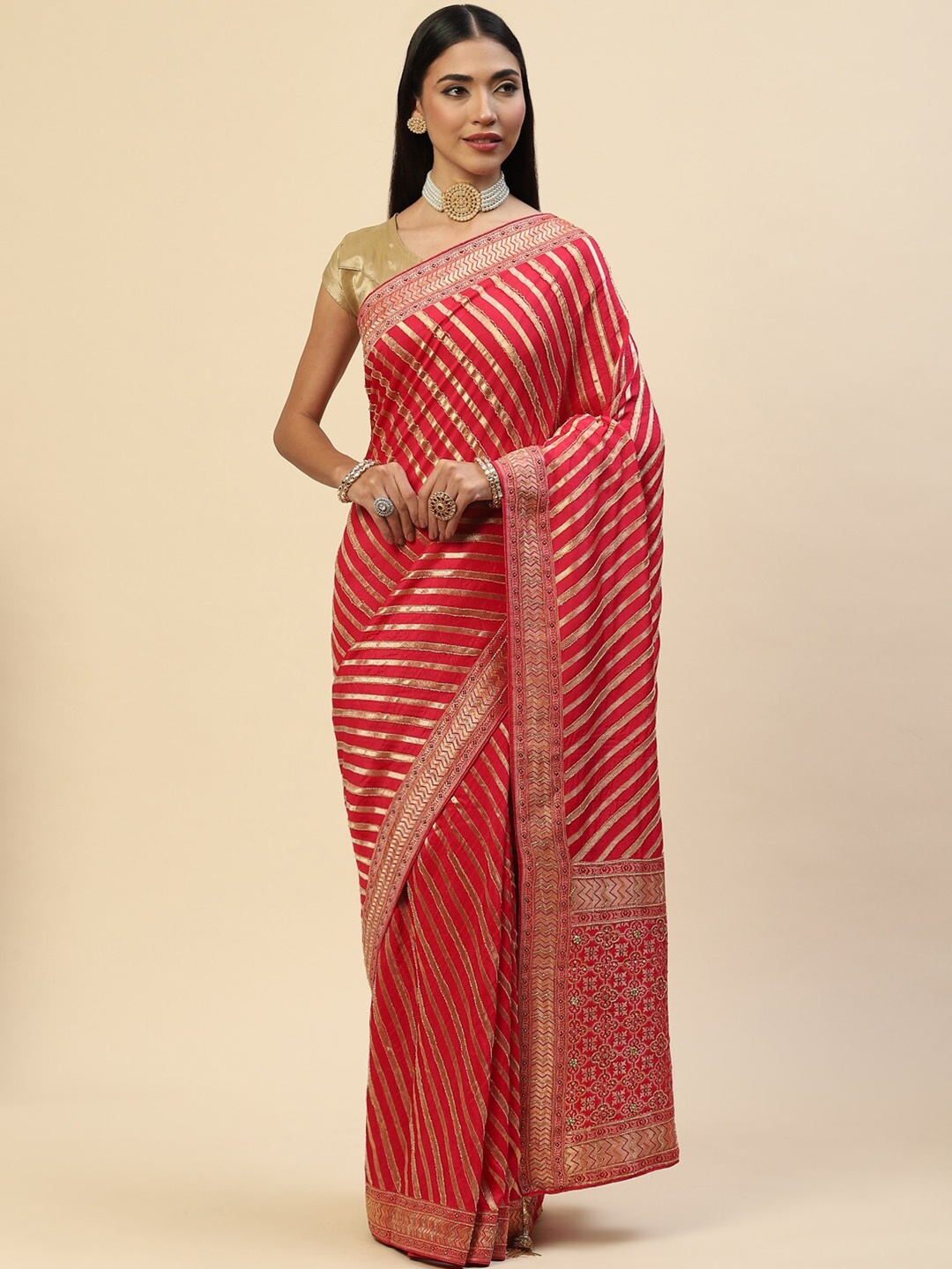

Meena Bazaar Pink & Gold-Toned Woven Design Art Silk Saree