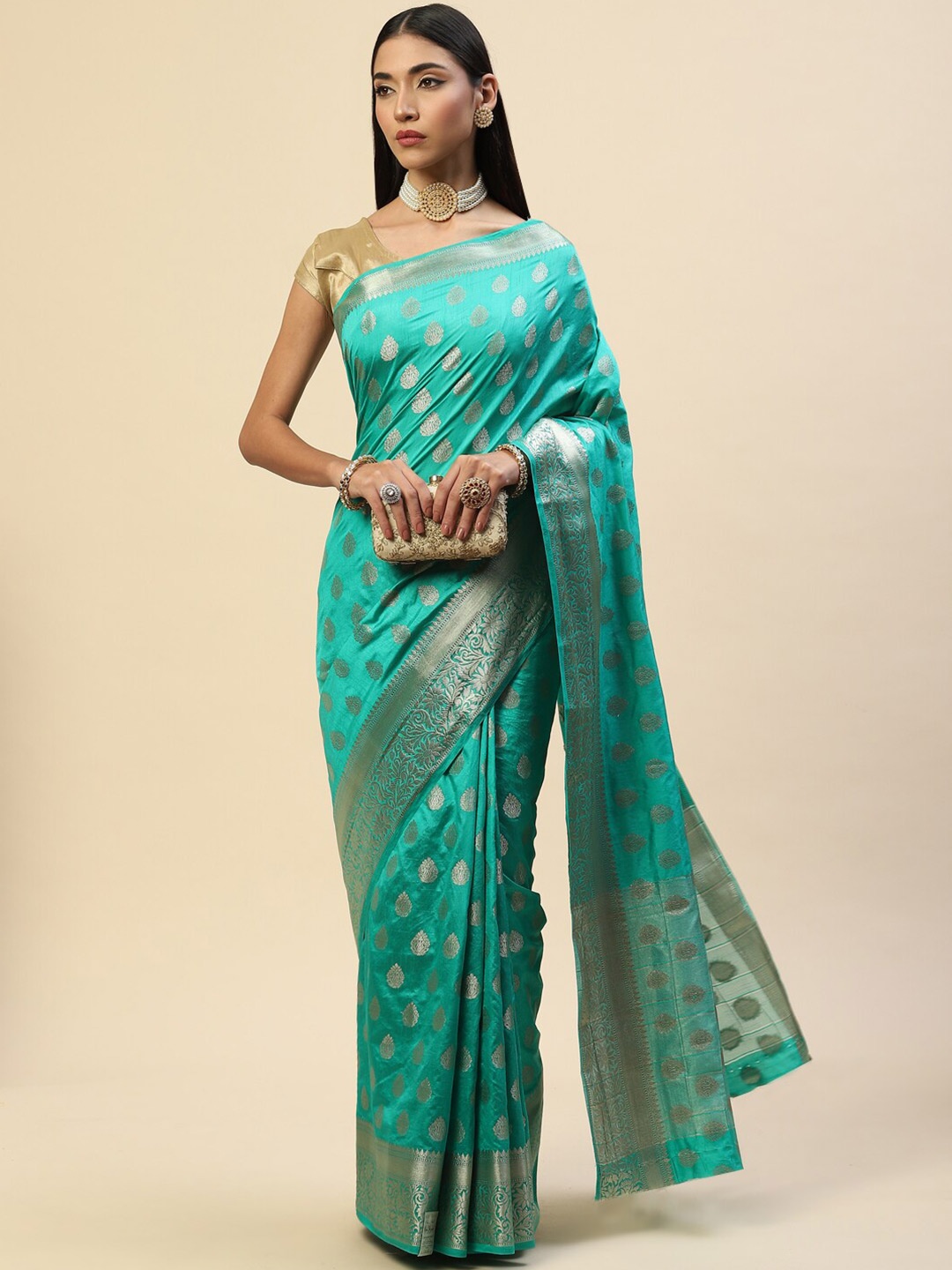 

Meena Bazaar Blue & Gold-Toned Ethnic Motifs Zari Saree