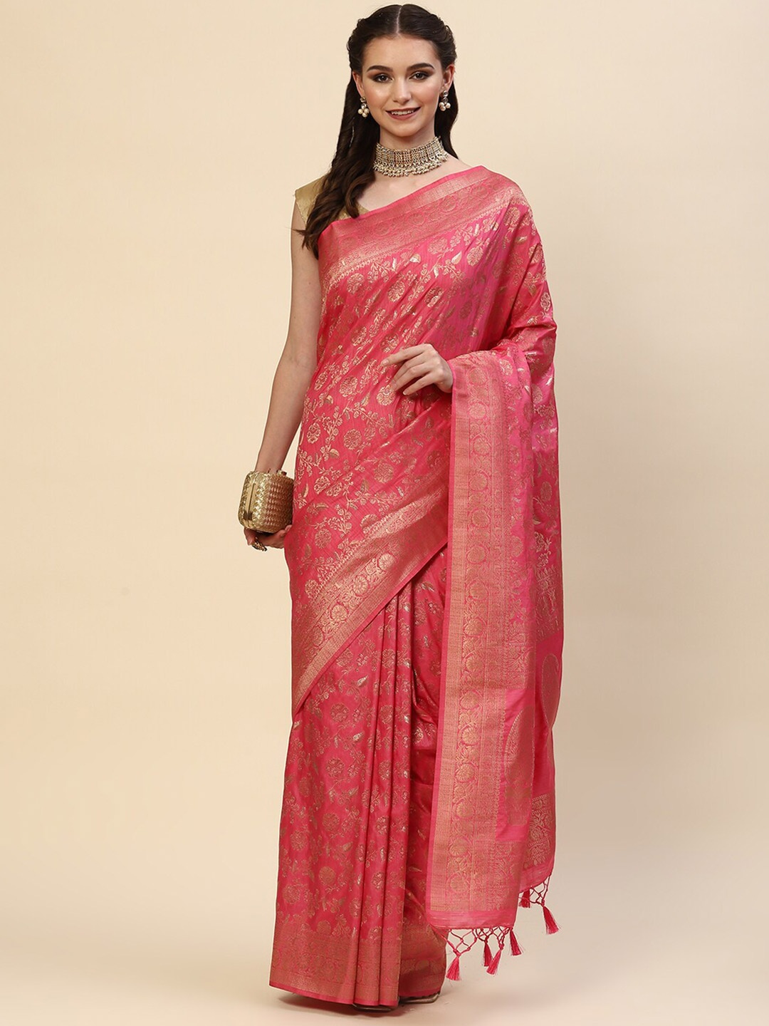 

Meena Bazaar Pink & Gold-Toned Woven Design Zari Art Silk Saree