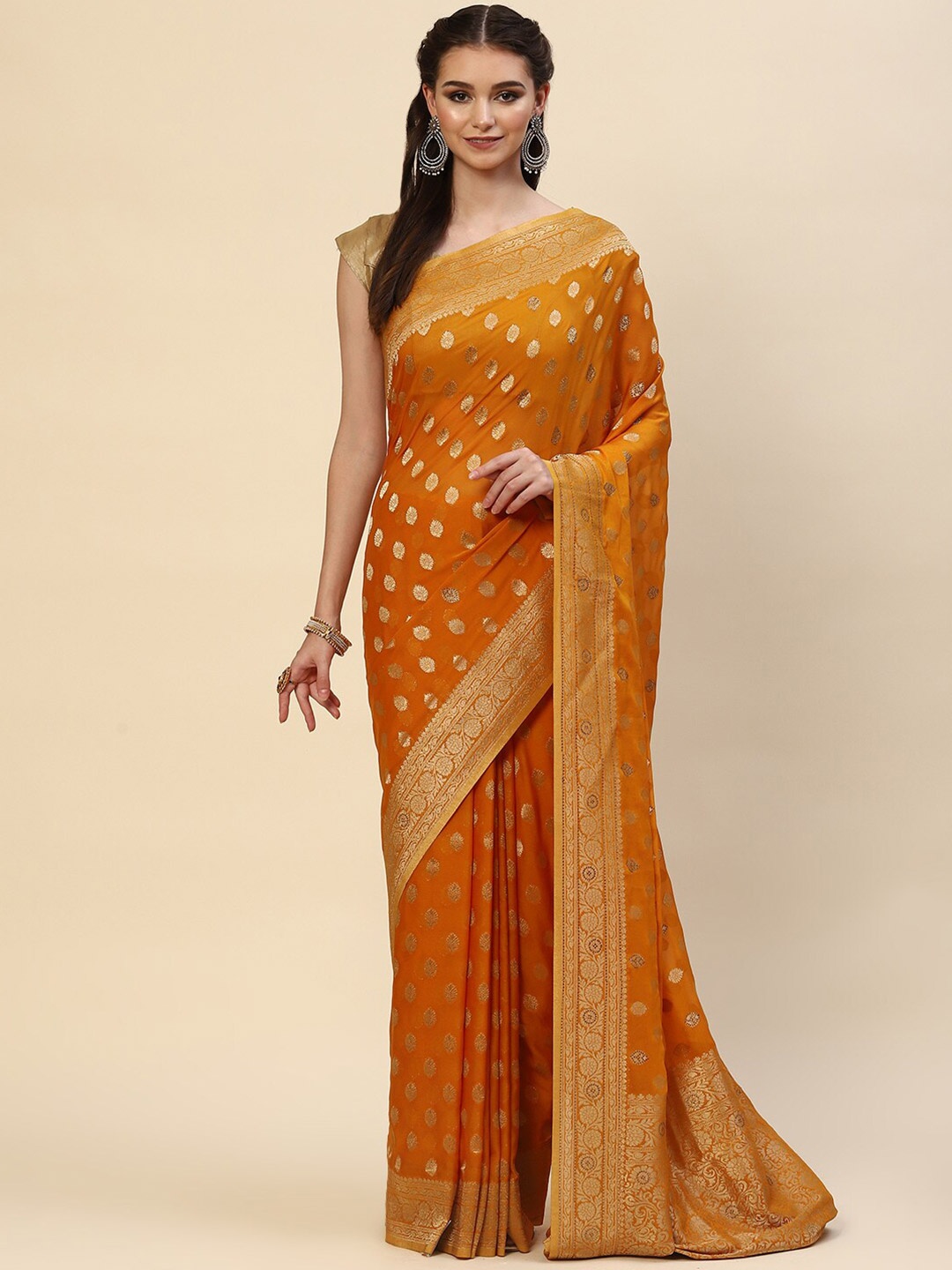 

Meena Bazaar Mustard & Gold-Toned Ethnic Motifs Zari Saree