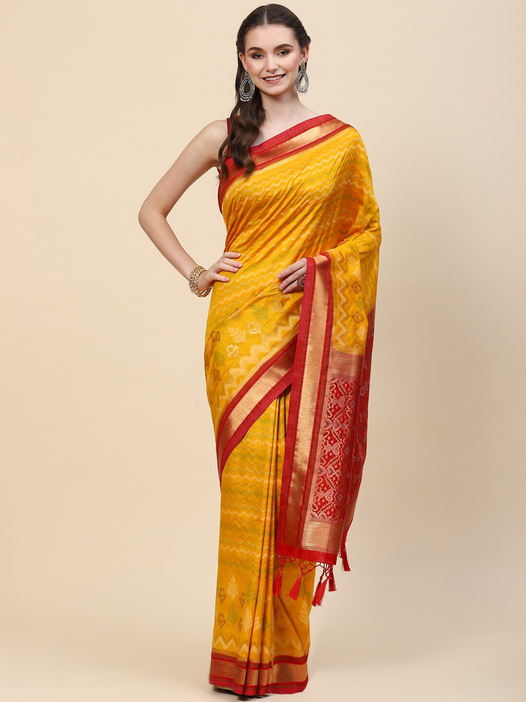 

Meena Bazaar Yellow & Red Floral Zari Art Silk Saree