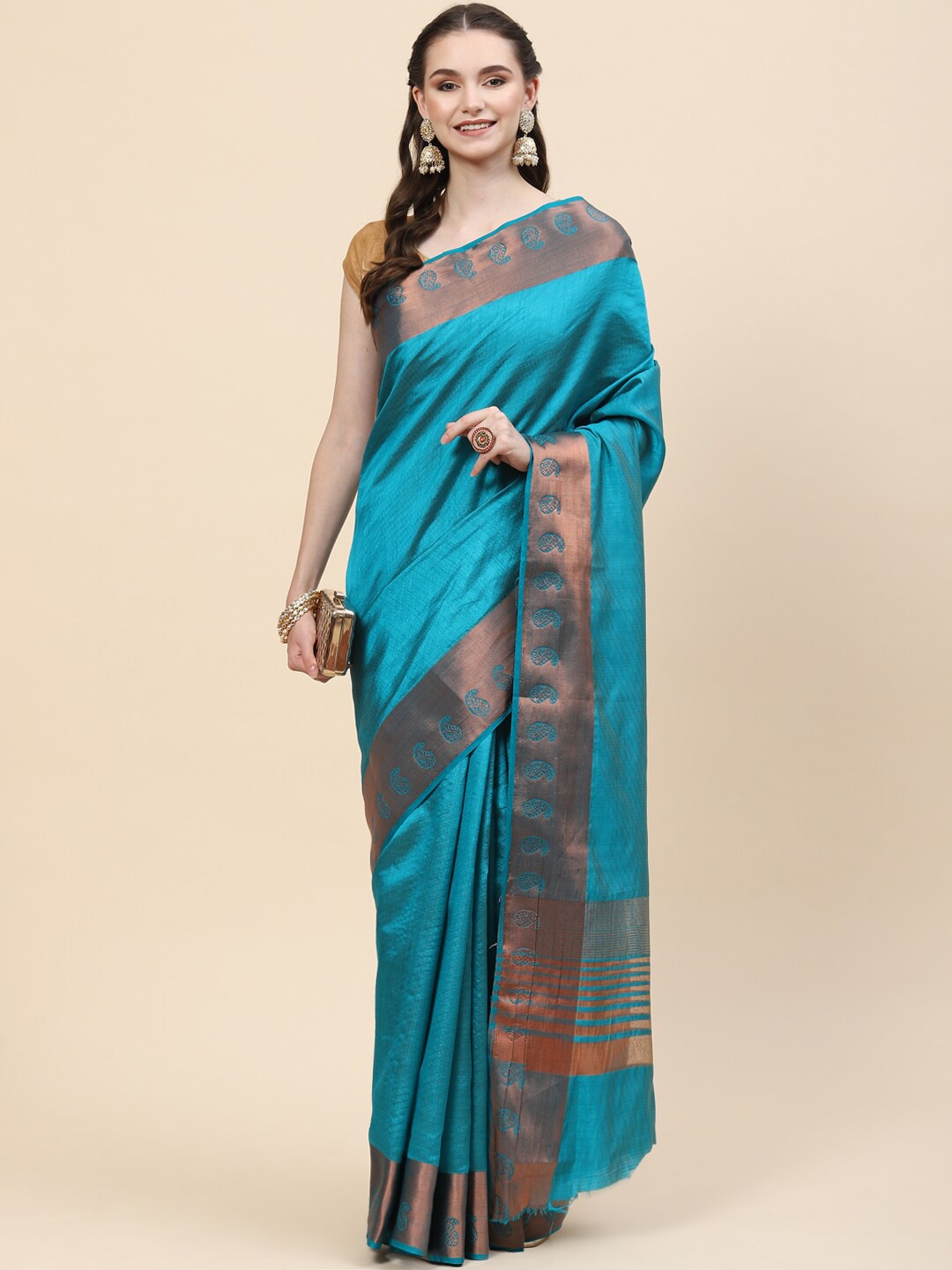 

Meena Bazaar Blue & Copper-Toned Zari Art Silk Saree