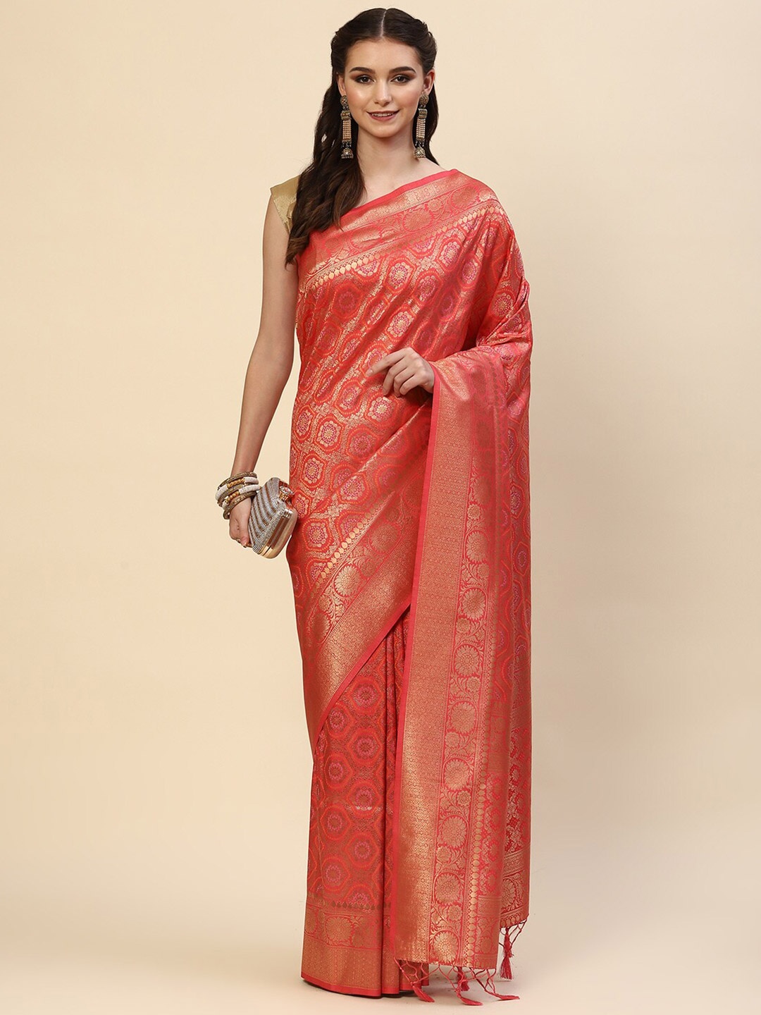

Meena Bazaar Peach-Coloured Art Silk Saree