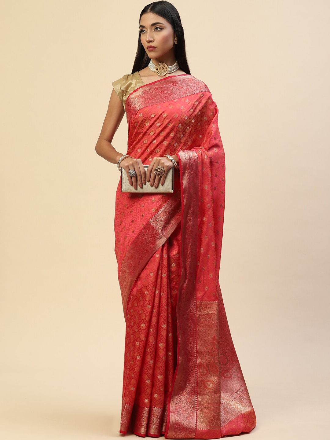 

Meena Bazaar Coral & Gold-Toned Ethnic Motifs Zari Saree