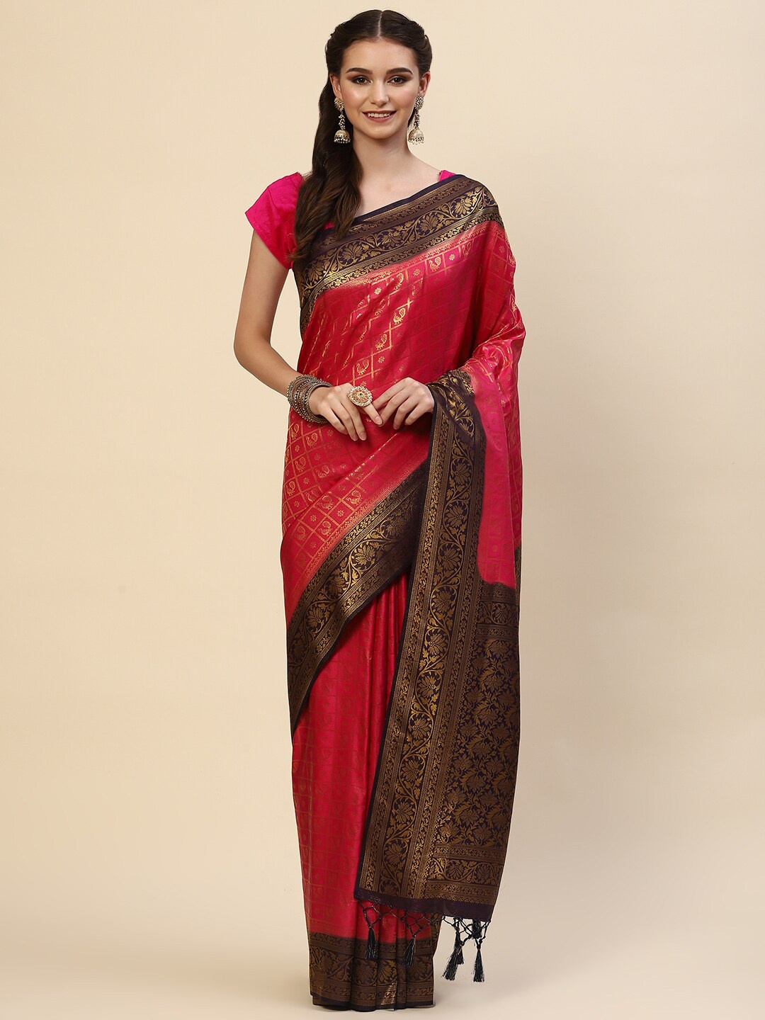 

Meena Bazaar Fuchsia & Navy Blue Woven Design Zari Art Silk Saree