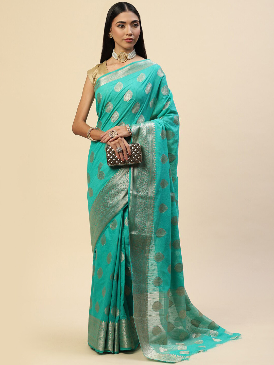 

Meena Bazaar Blue & Gold-Toned Woven Design Zari Art Silk Saree
