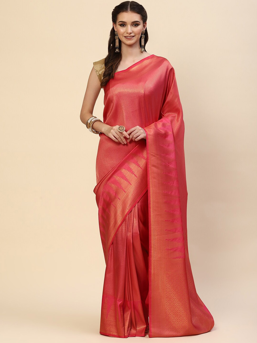 

Meena Bazaar Pink & Gold-Toned Woven Design Zari Art Silk Saree