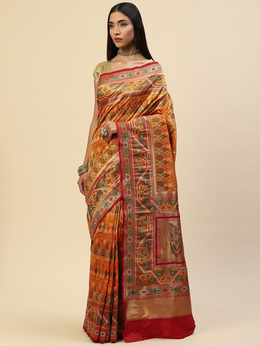 

Meena Bazaar Mustard & Green Ethnic Motifs Zari Banarasi Saree