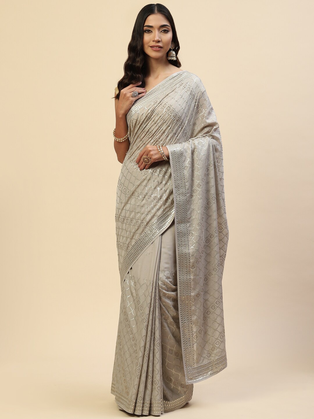 

Meena Bazaar Grey & Gold-Toned Embellished Mirror Work Organza Saree