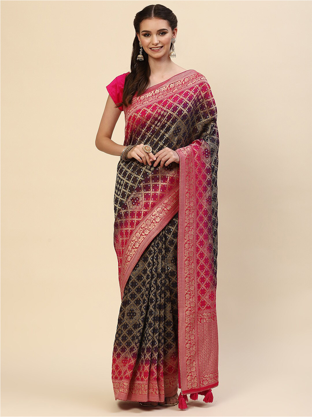 

Meena Bazaar Navy Blue & Pink Woven Design Zari Saree