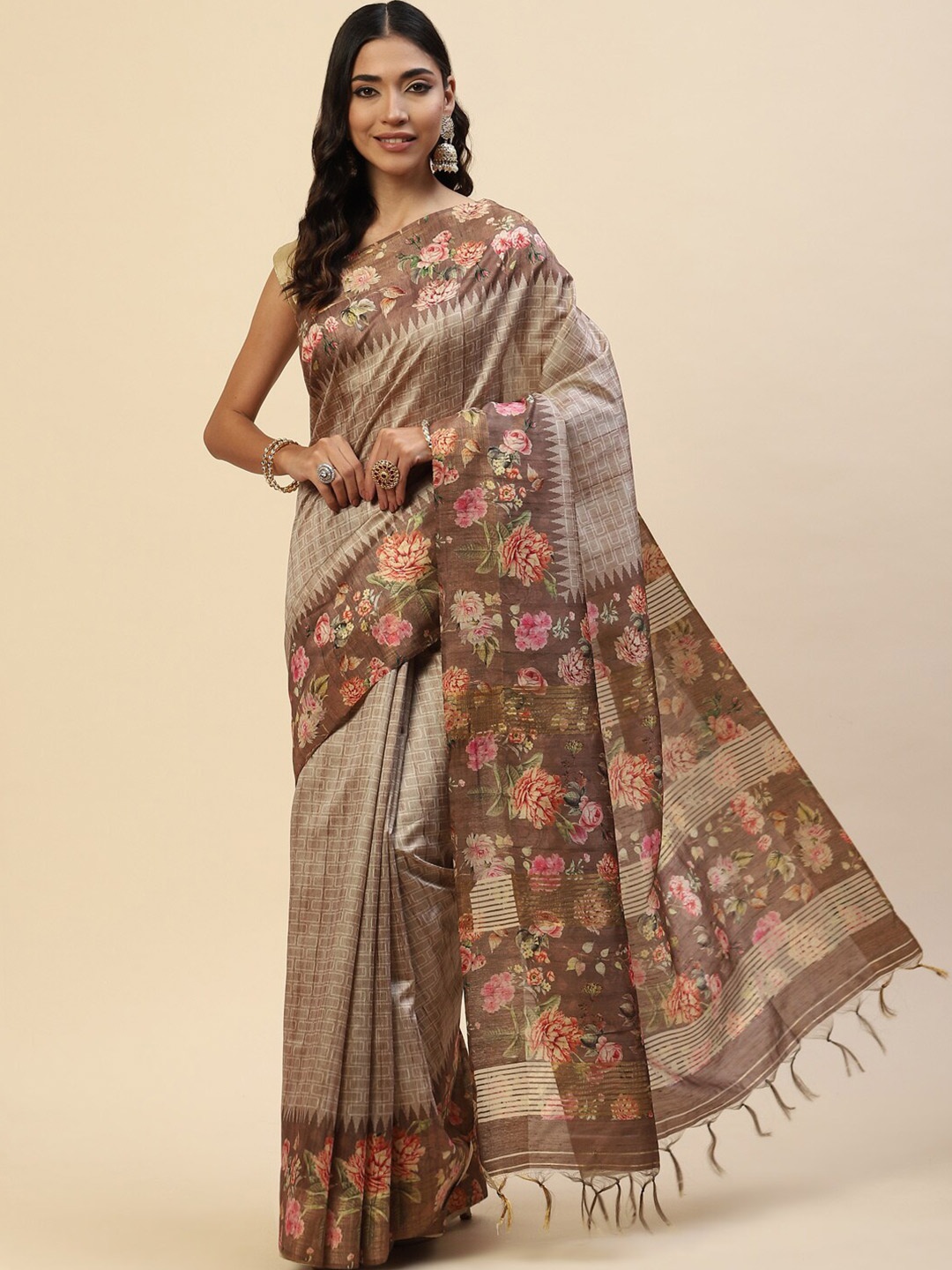 

Meena Bazaar Brown & Pink Floral Art Silk Tussar Saree