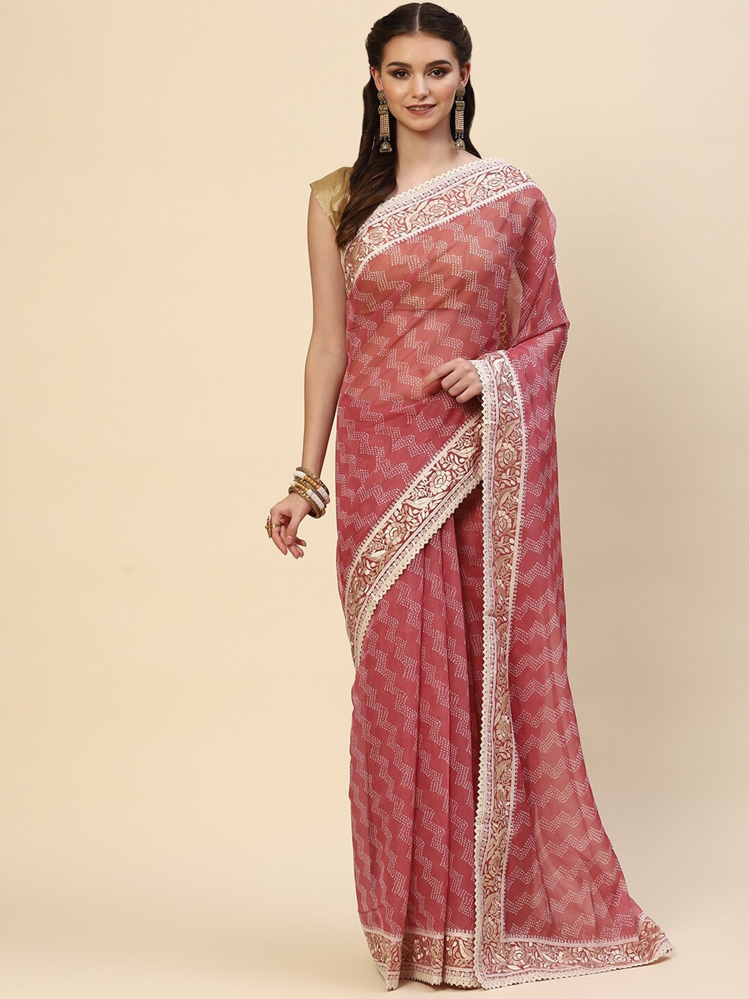 

Meena Bazaar Pink & White Embroidered Organza Saree